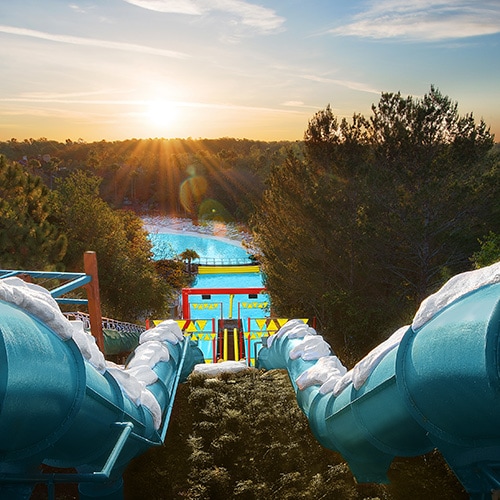 The parallel Downhill Double Dipper waterslides at Disney’s Blizzard Beach water park