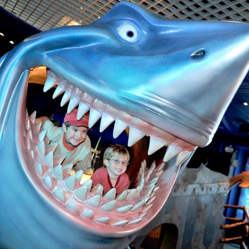 Two boys smile from inside the jaws of Bruce the Shark from Disney’s ‘Little Nemo’ at SeaBase in Epcot.