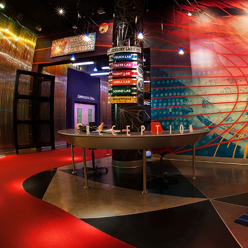 Colorful reception area to the Journey into Imagination with Figment attraction at Epcot
