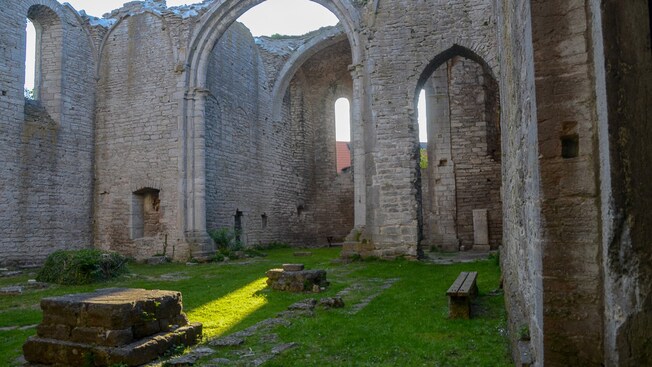 Grass growing on the floor of stone medieval ruins with high arches