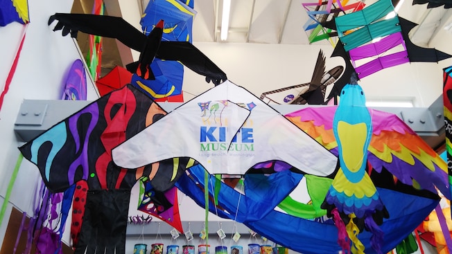 A variety of kites, on display hanging from a ceiling A variety of kites, on display hanging from a ceiling