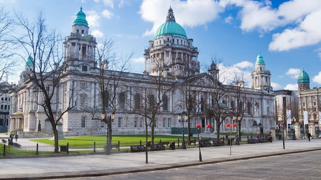 The classical façade of the domed Belfast City Hall The classical façade of the domed Belfast City Hall