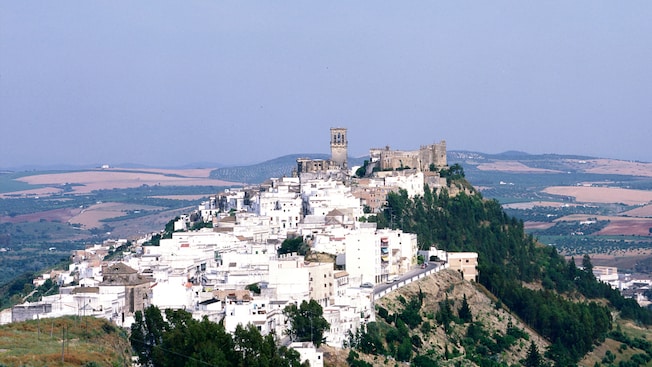 A village with Arab and gothic architecture stretches across a hillside toward a castle like building
