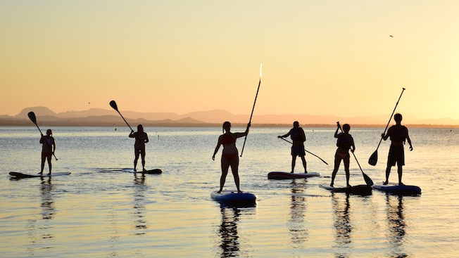 6 hóspedes em pranchas de stand up paddle na água 6 hóspedes em pranchas de stand up paddle na água