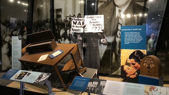 An exhibit featuring World War 2 era articles, artifacts and photographs An exhibit featuring World War 2 era articles, artifacts and photographs