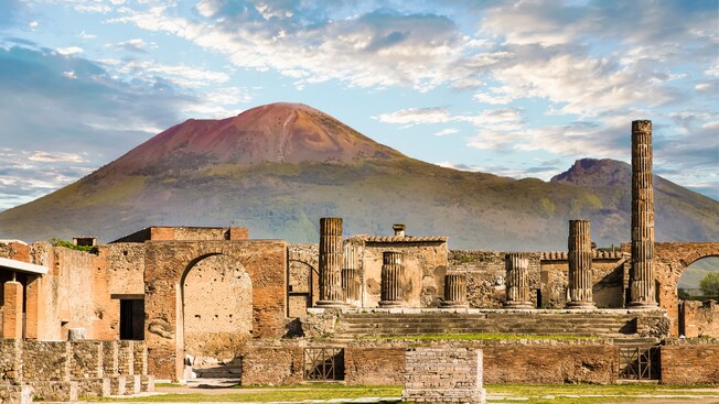 Mount Vesuvius looming over the ancient ruins of Pompeii