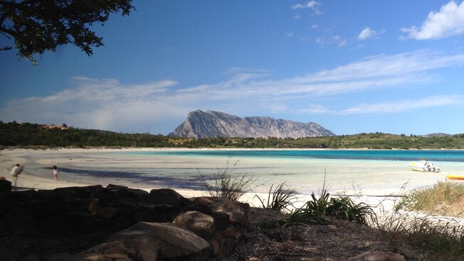 An unspoiled beach cove with a mountain in the distance