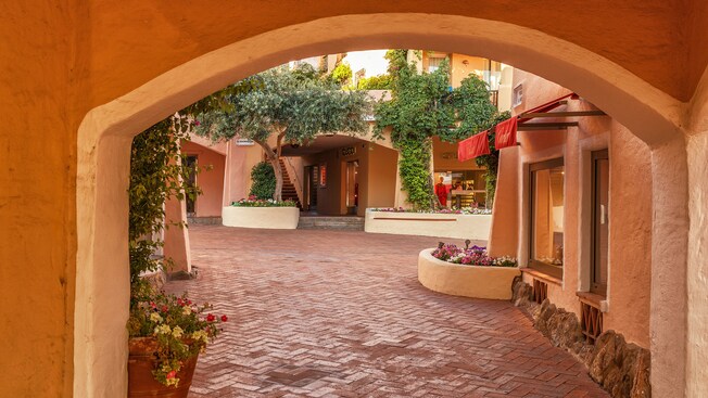 A courtyard filled with trees, plants and storefronts