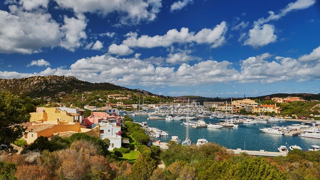 A coastal town with a harbor filled with pleasure boats