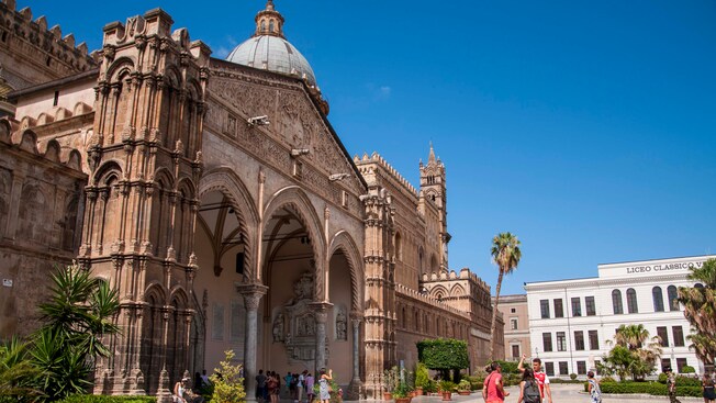 The multi-story cathedral is a building with a bell tower, surrounded by tropical foliage