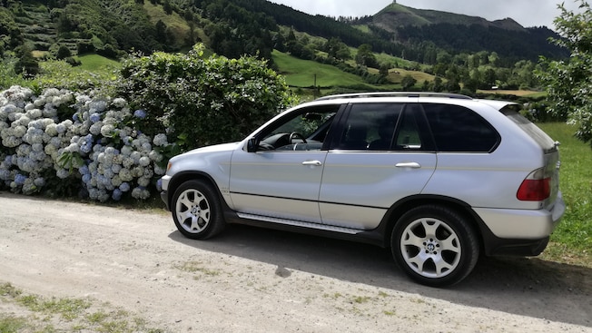 A BMW SUV parked near a lush mountain landscape A BMW SUV parked near a lush mountain landscape
