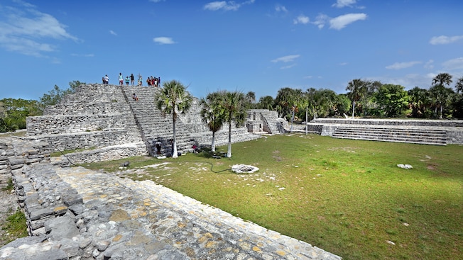 People stand at the top of stone ruins surrounded by grass and palm trees People stand at the top of stone ruins surrounded by grass and palm trees