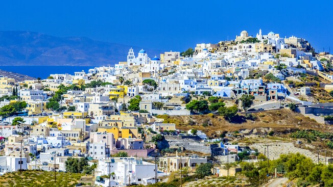 A highly concentrated Greek town built into the slopes of a hill