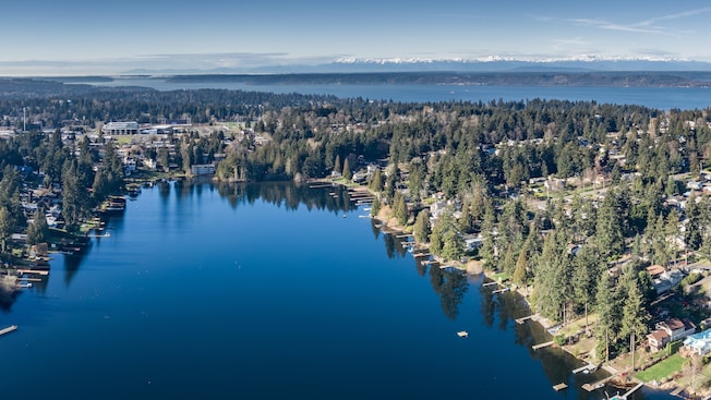 Um lago cercado por casas, docas para barcos e árvores maduras Um lago cercado por casas, docas para barcos e árvores maduras