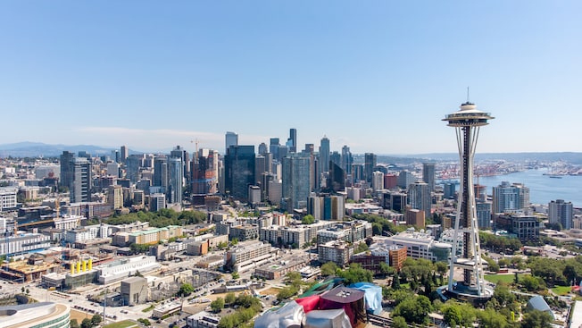 The Seattle skyline featuring the city’s iconic Space Needle The Seattle skyline featuring the city’s iconic Space Needle