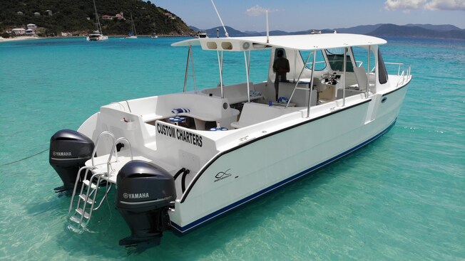 A modern touring boat with a canopy and an open stern with seats