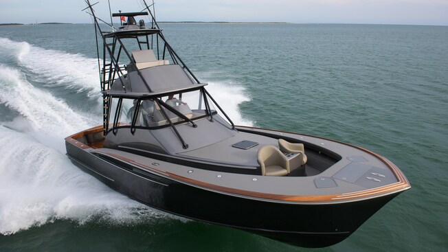 A high speed fishing boat sailing through the water