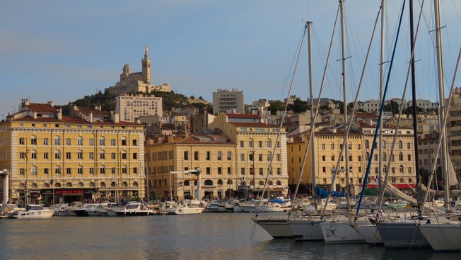 The Romanesque Marseille Cathedral perched on a hill overlooking the port of Marseille