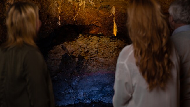 People inside a cave viewing stalactite formations