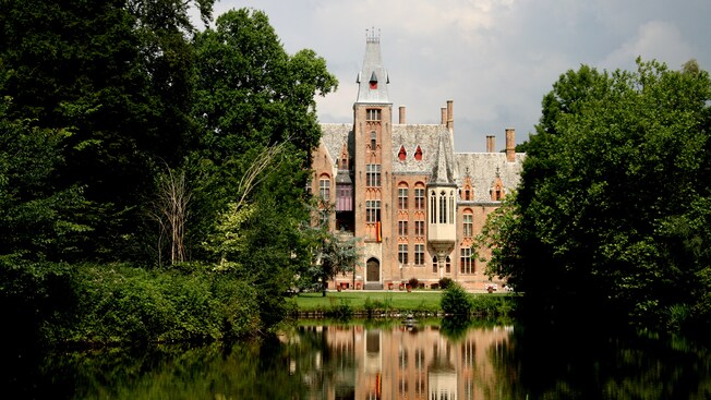 A historical brick castle surrounded by trees