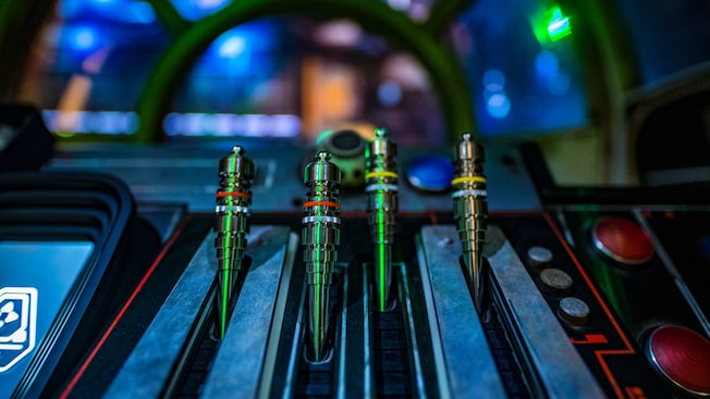 The hyperdrive controls inside the cockpit of the Millennium Falcon