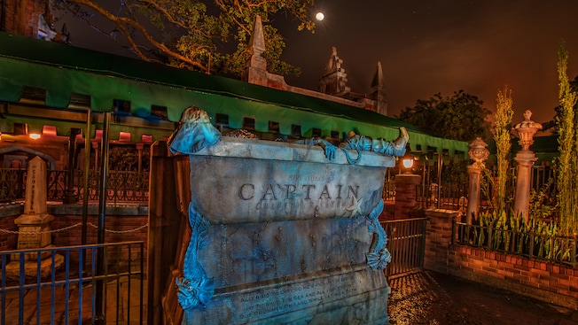 The crypt of Captain Culpepper Clyne in the Haunted Mansion queuing zone at Magic Kingdom park