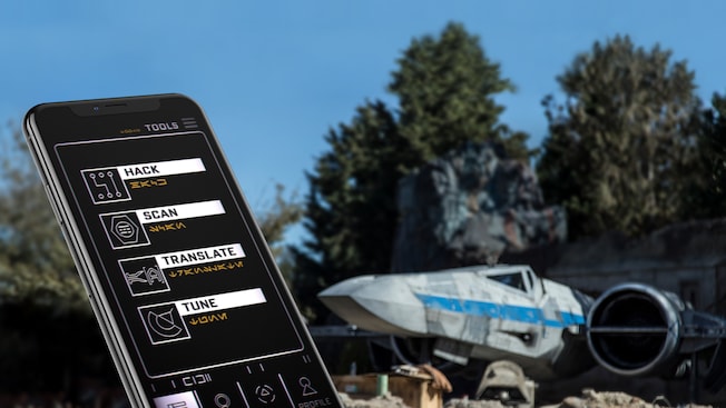 The Play Disney Parks app controls for Star Wars Galaxy's Edge on a mobile phone