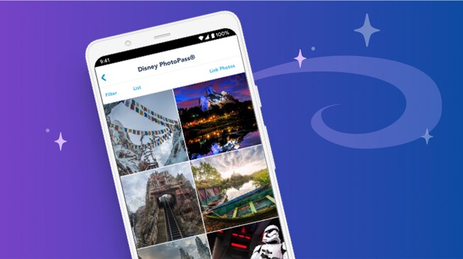 A phone with an app that shows various images of theme park attractions captured through Disney PhotoPass service