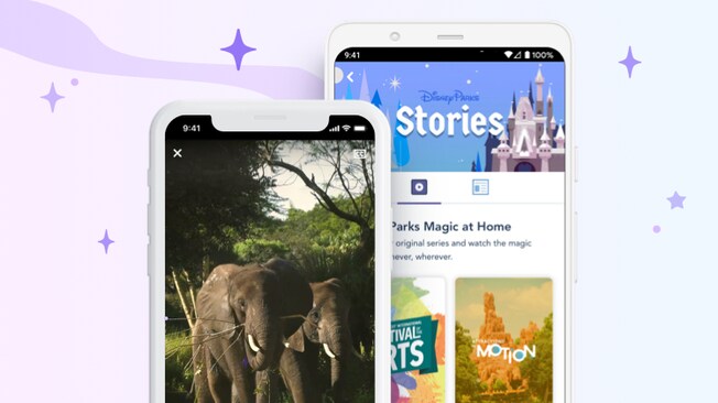 2 phones, one with a picture of an elephant, and the other phone showing an app with the words Disney Parks Stories, Disney Parks Magic at Home, and several tappable tiles