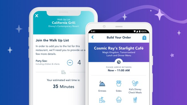 2 phones each showing an app, one with instructions on how to join the Walk Up List at California Grill at Disney’s Contemporary Resort, including a 35 minutes estimated wait and the other phone has instructions on how to Build Your Order at Cosmic Ray’s Starlight Café, including an arrival time between now and 11:00 AM, with various food categories to select