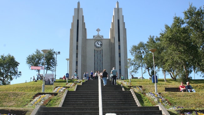 A stairway leading up the hillside to the contemporary Akureyi Church A stairway leading up the hillside to the contemporary Akureyi Church