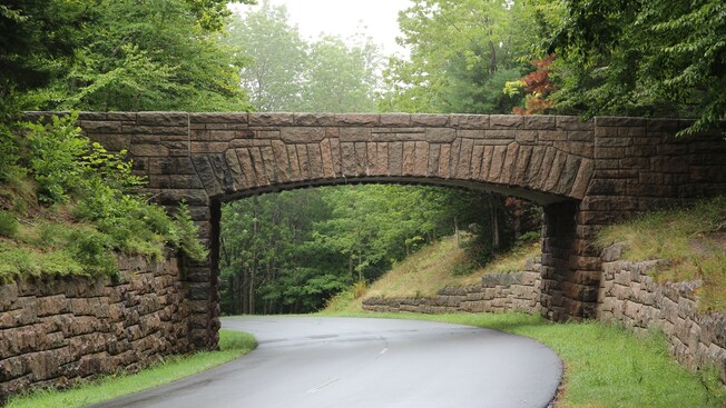 A stone bridge stretching over a forest road