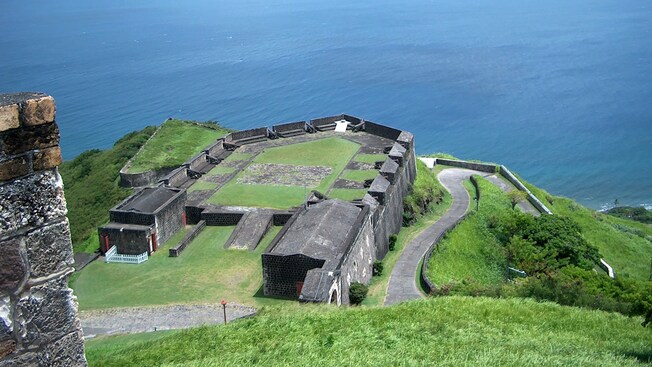 Grass covers the top of a stone fortress on top of Brimstone Hill