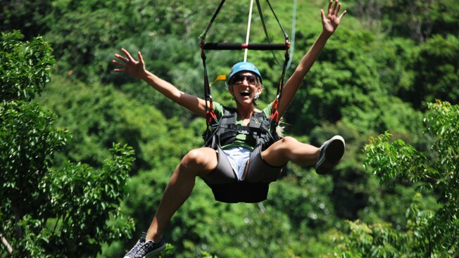 A guy in zip line from the tree tops