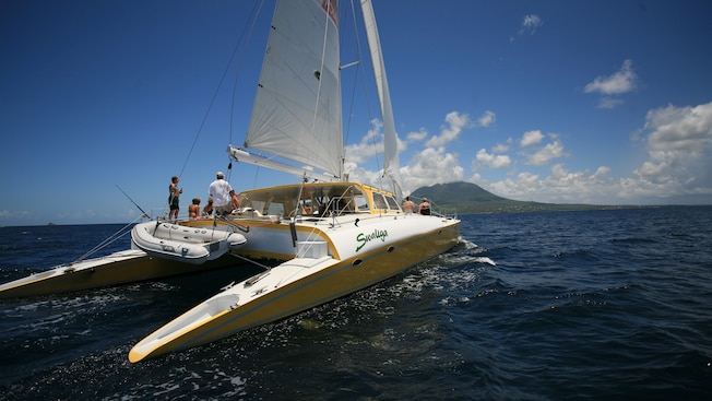 A small group of passengers standing on a catamaran sailboat