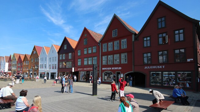 A series of gabled commercial buildings in the old city of Bryggen