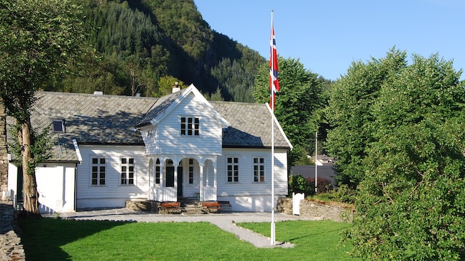 Large cottage with the flag of Norway in front yard Large cottage with the flag of Norway in front yard