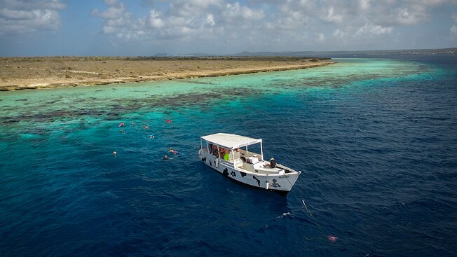 Snorkelers swimming near a boat and an island