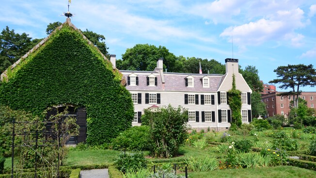 An ivy-covered library and flower garden on the grounds of the Peacefield residence