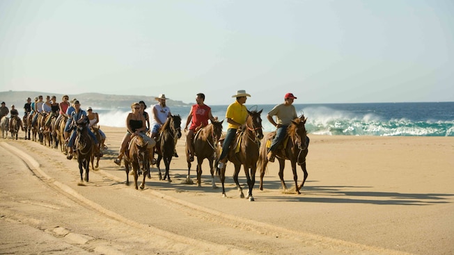 A group of horseback riders traverse alongside an unspoiled coastline A group of horseback riders traverse alongside an unspoiled coastline