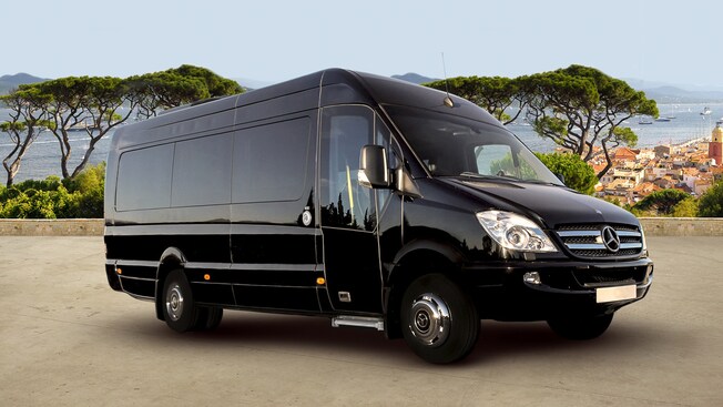 A luxury minibus, parked by a lookout to the ocean