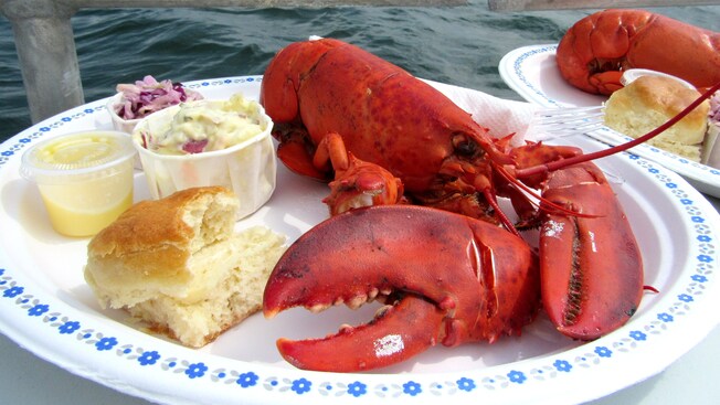 2 plates topped with lobsters, bread, butter, coleslaw and potato salad