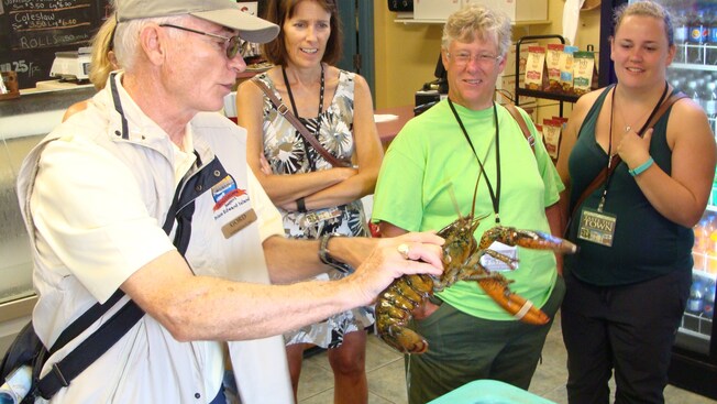 People look at a man holding a lobster