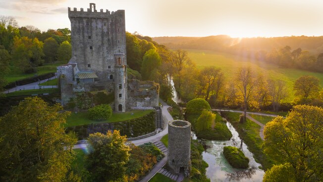 Blarney Castle en una colina rodeada de árboles al amanecer