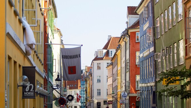 A business district lined with colorful buildings