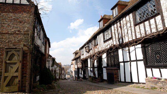 A narrow cobblestone lane lined with half timber buildings and old shops