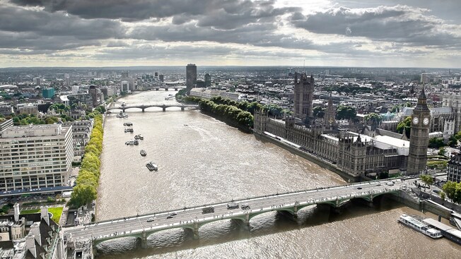 The London cityscape is dominated by the River Thames, the Houses of Parliament and Big Ben