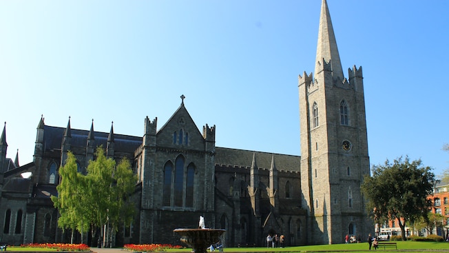 A Gothic style medieval cathedral with a 140 foot spire A Gothic style medieval cathedral with a 140 foot spire