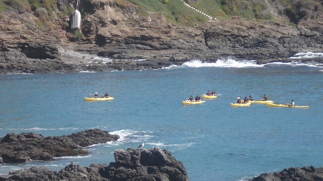 Kayakers in the middle of a bay