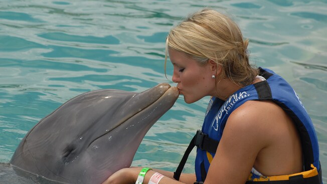 A young woman in a bathing suit and life vest delivering a kiss to a dolphin's nose